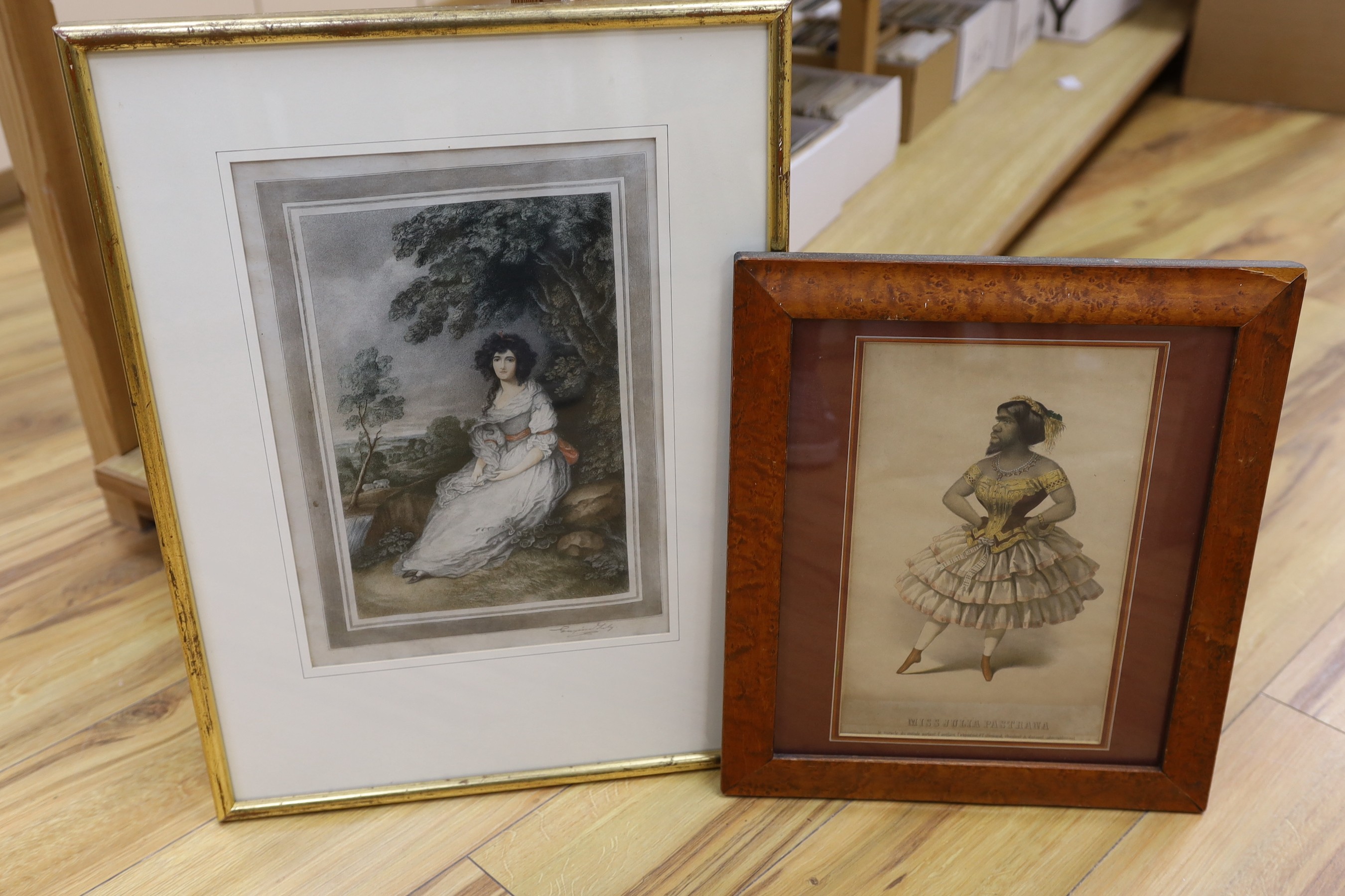 A group of assorted paintings and prints including a lithograph of a bearded lady, 'Miss Julia Pastrana'